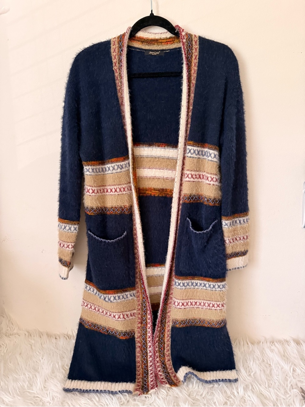 Long Navy Open-Front Patterned Cardigan with Front Pockets